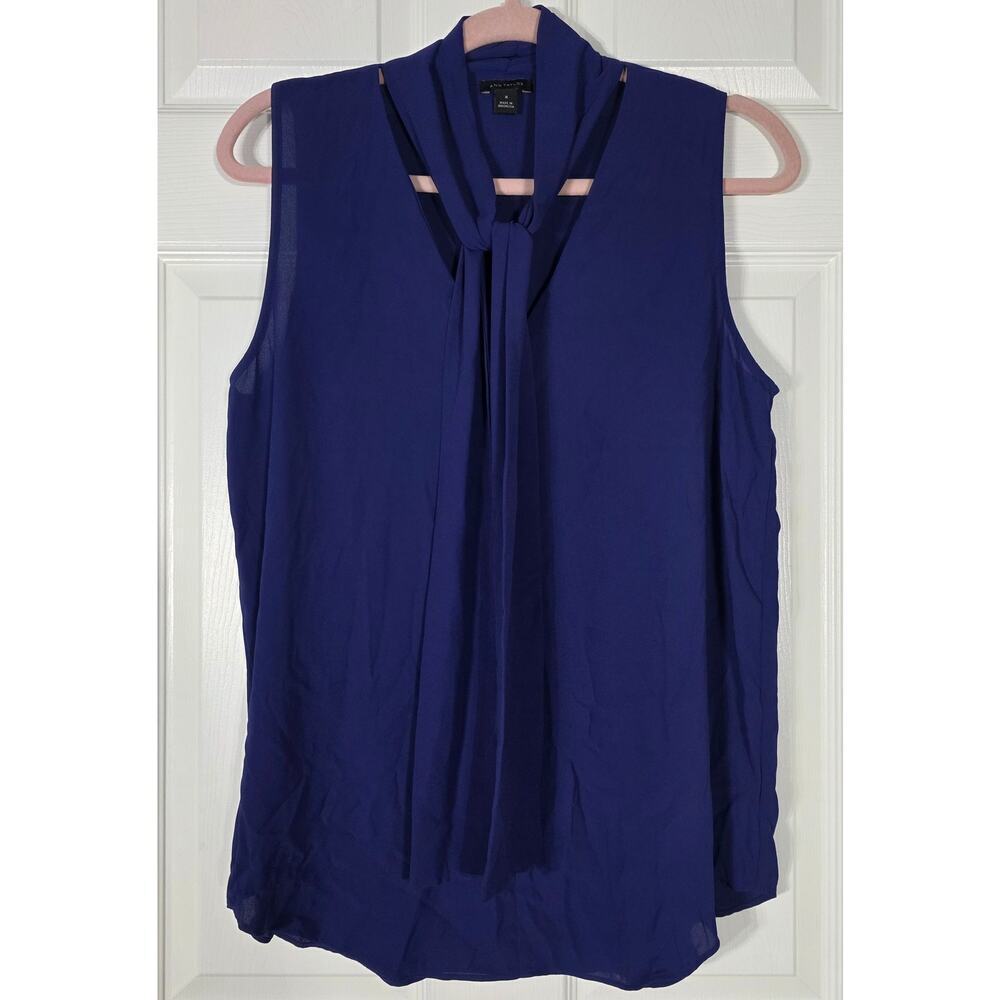 Ann Taylor Royal Blue Sleeveless Tie-Neck Blouse Size Medium